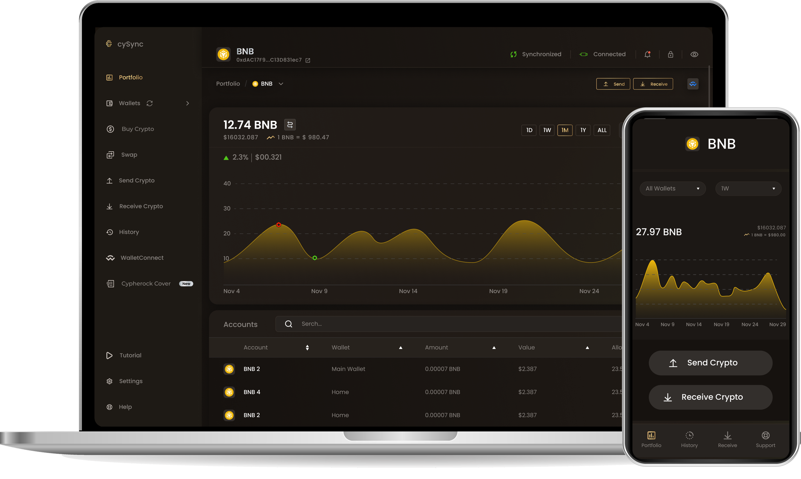 CySync App interface showing Bnb portfolio