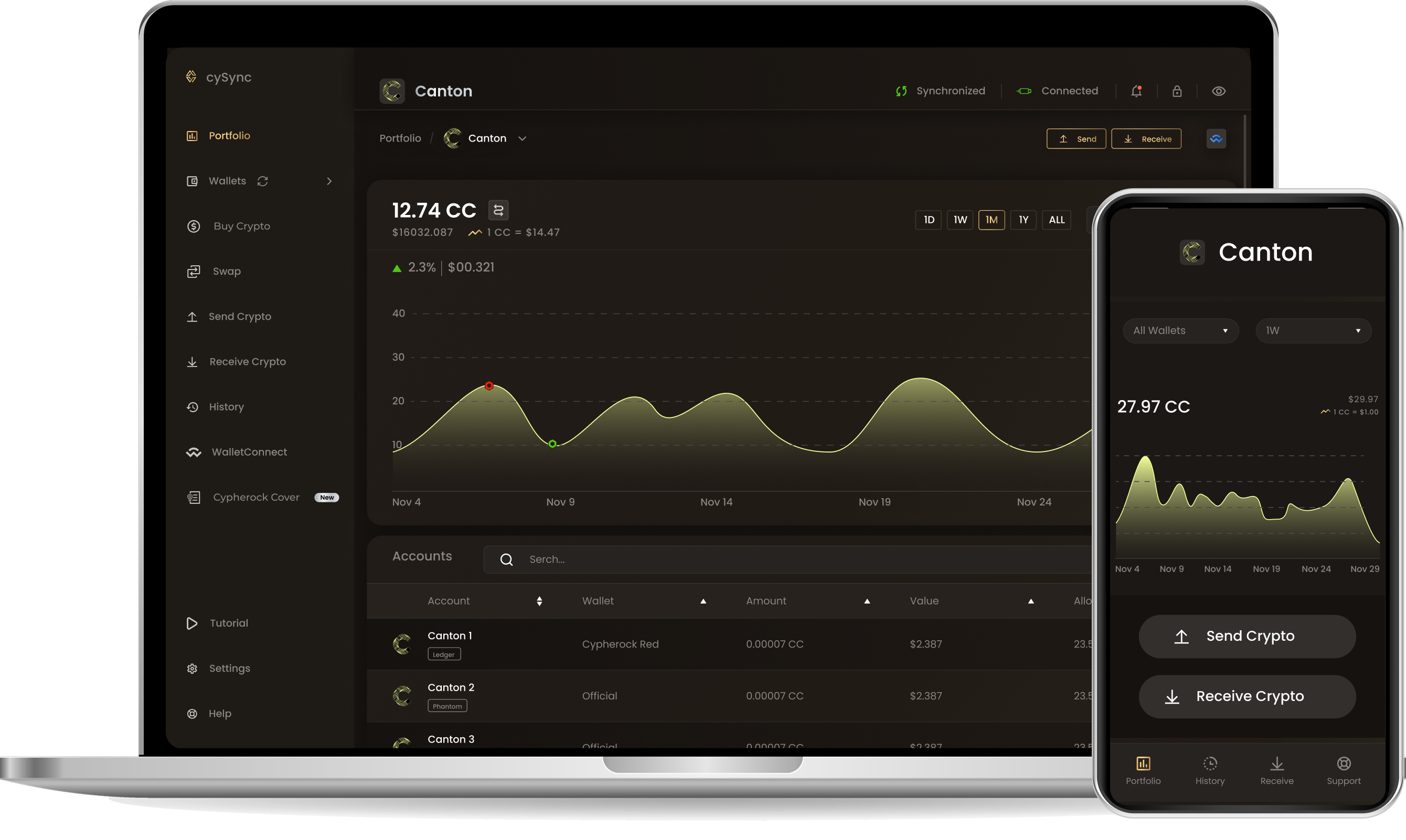 CySync App interface showing Canton portfolio