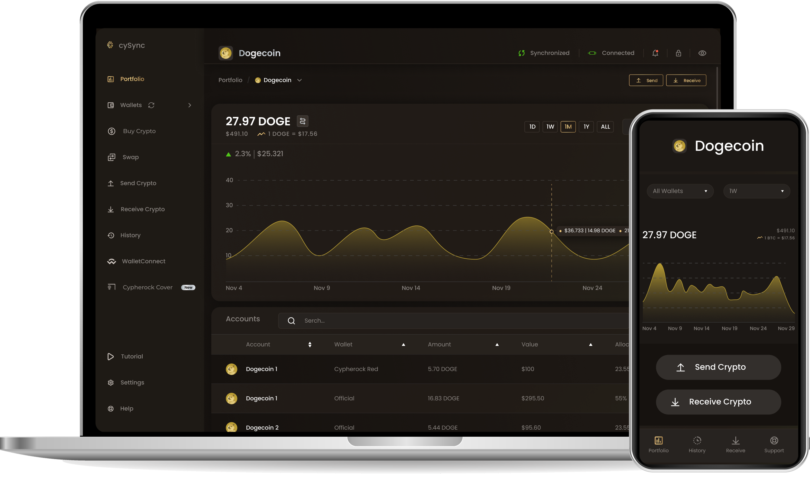 CySync App interface showing Dogecoin portfolio