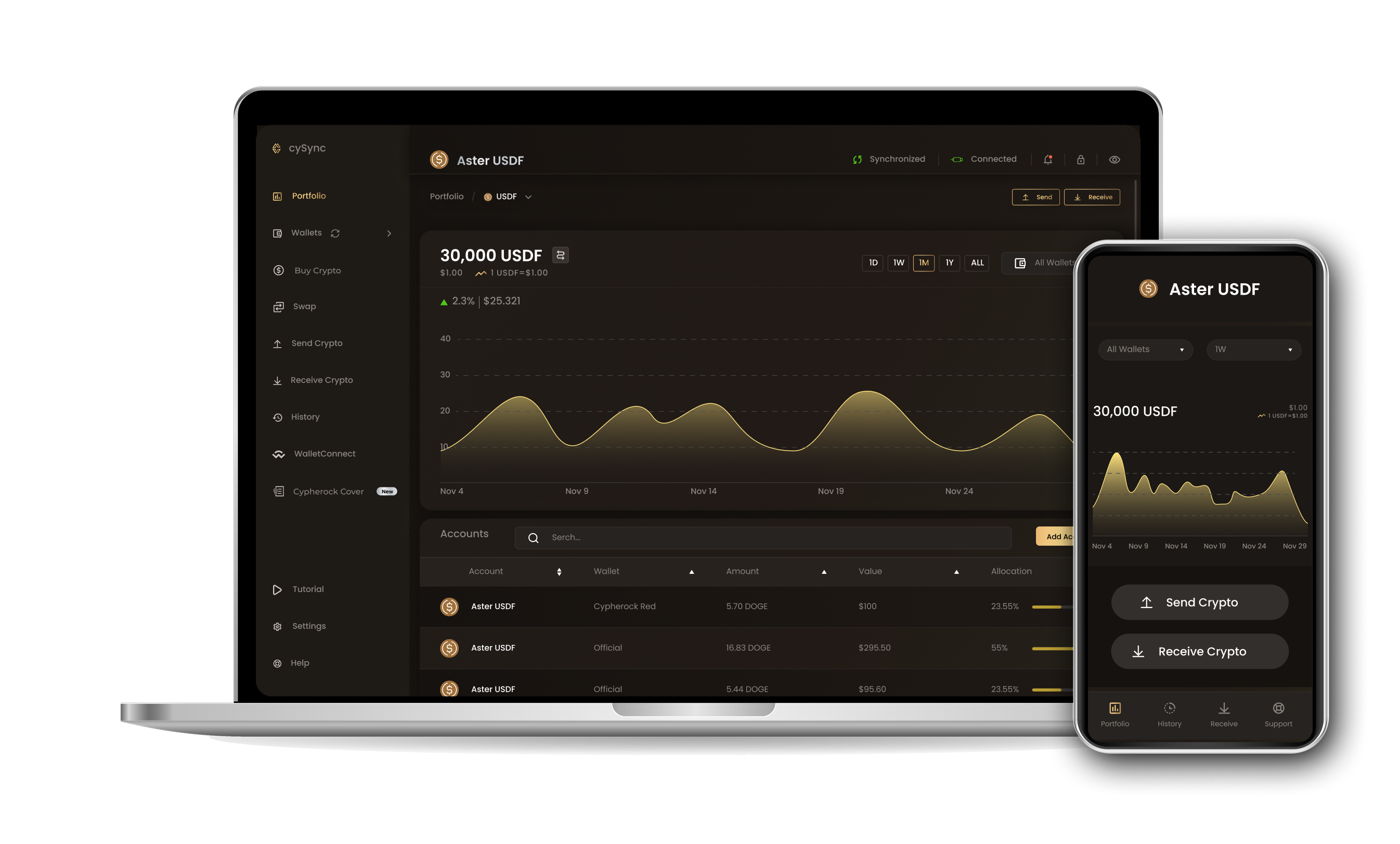 CySync App interface showing Falcon usd portfolio