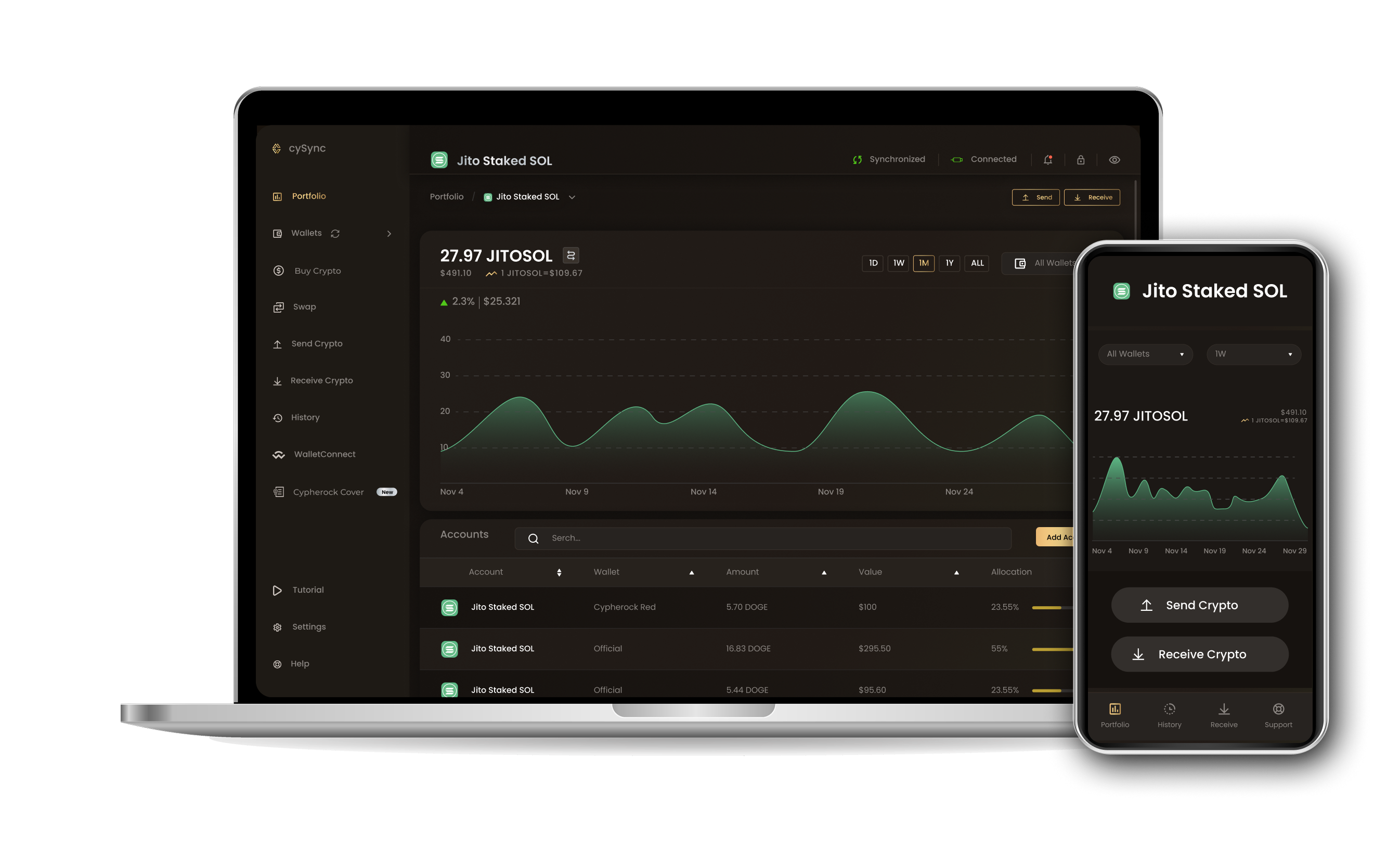 CySync App interface showing Jito staked sol portfolio