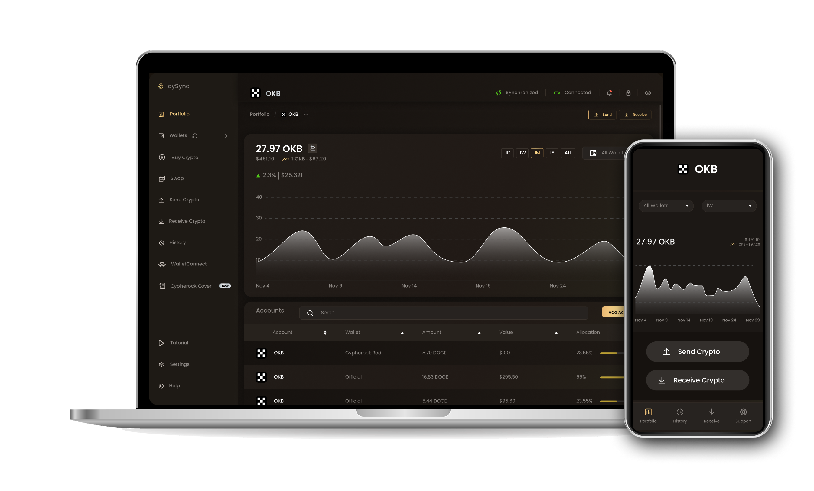 CySync App interface showing Okb portfolio