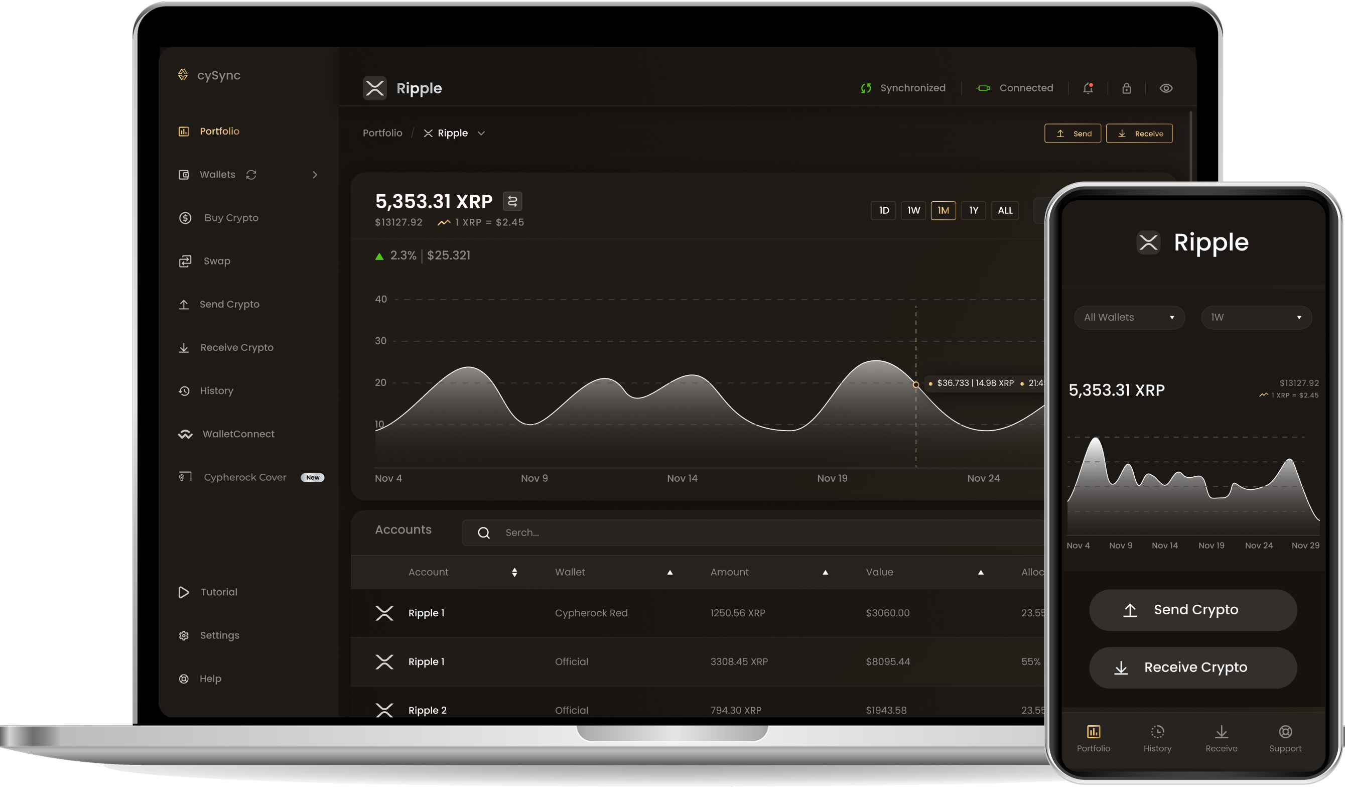 CySync App interface showing Xrp portfolio