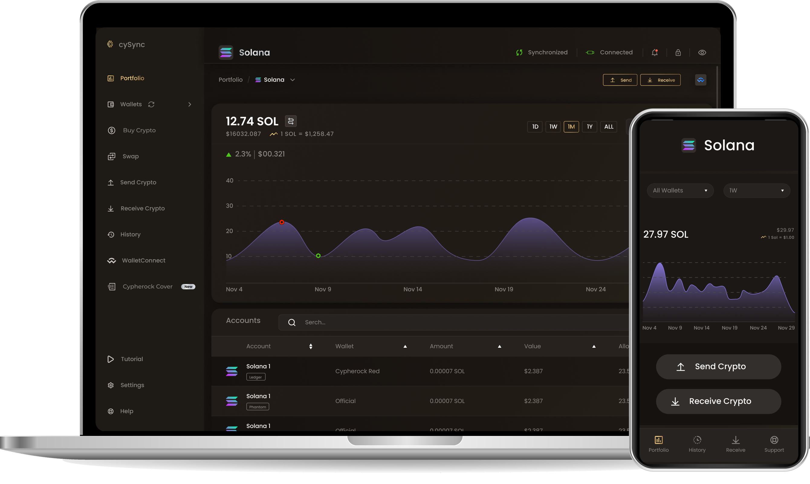 CySync App interface showing Solana portfolio