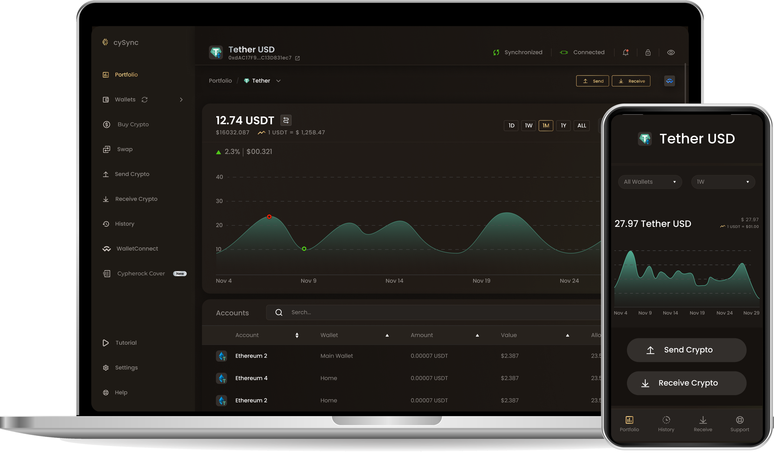 CySync App interface showing Tether portfolio