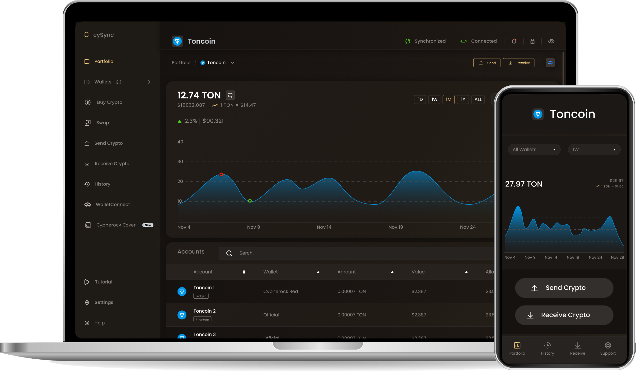 CySync App interface showing Toncoin portfolio