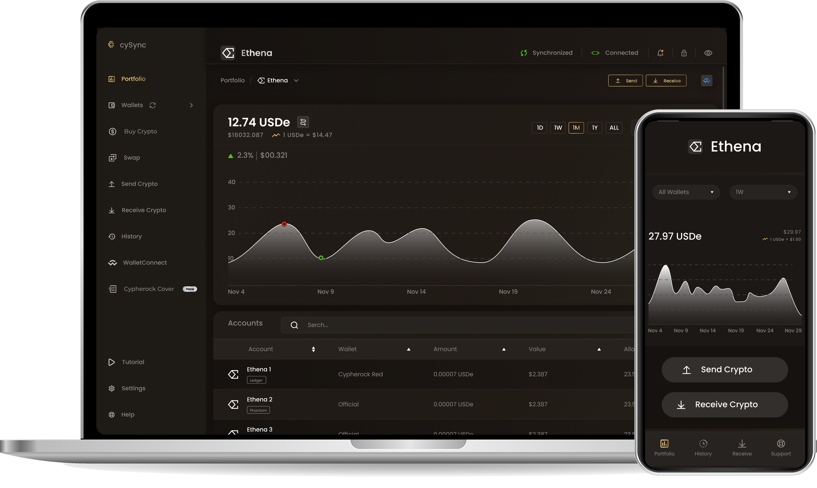 CySync App interface showing Ethena usde portfolio