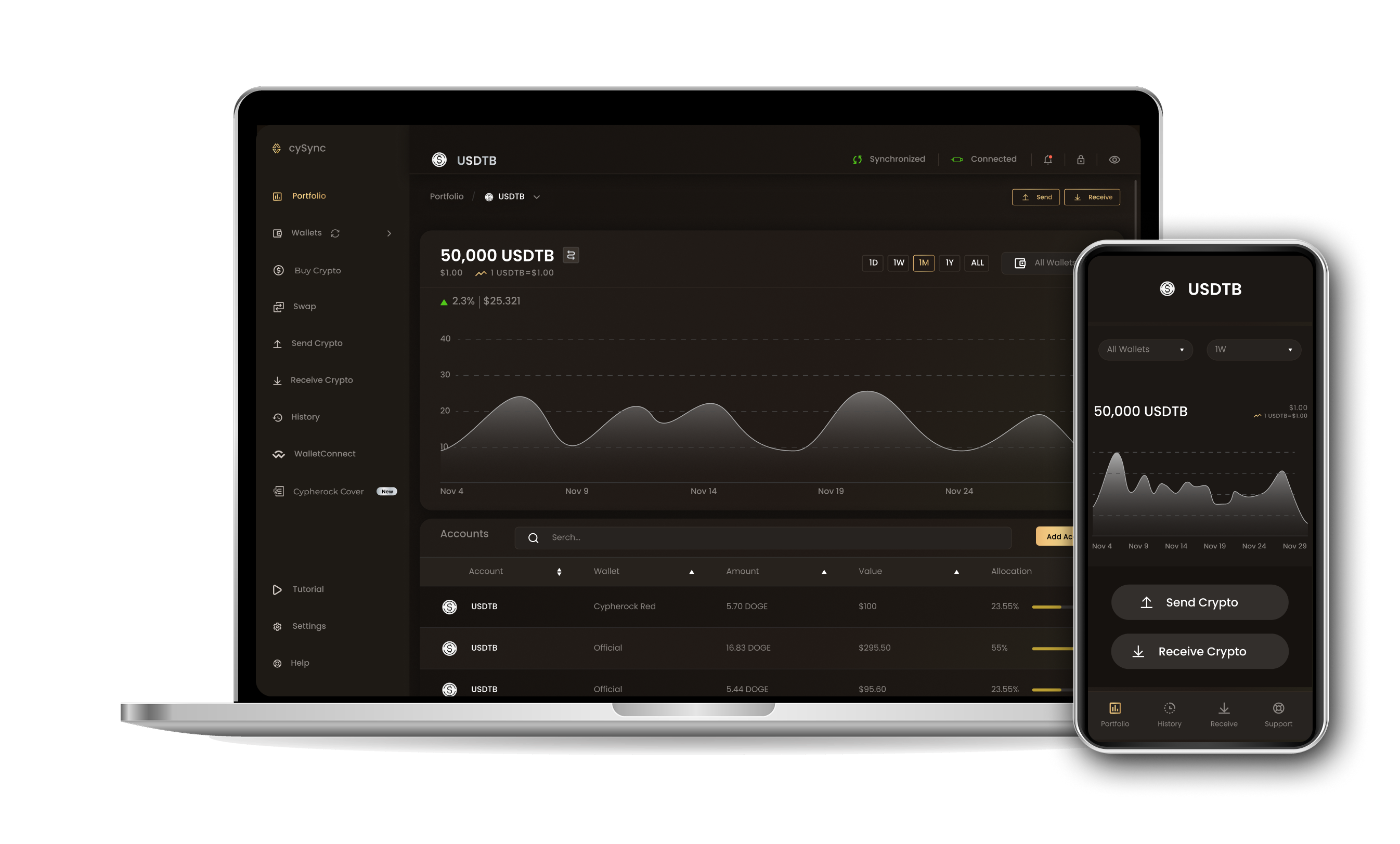 CySync App interface showing Usdtb portfolio