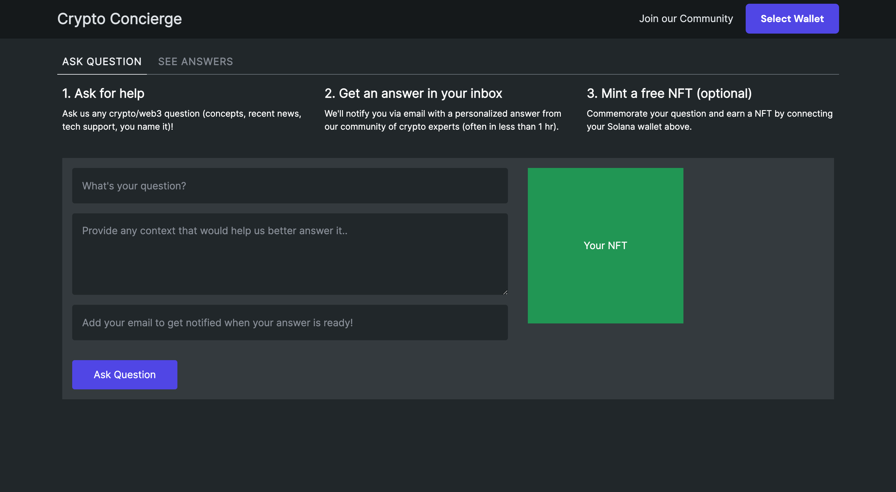 Screenshot of Crypto Concierge - a platform to have your web3 questions answered by experts