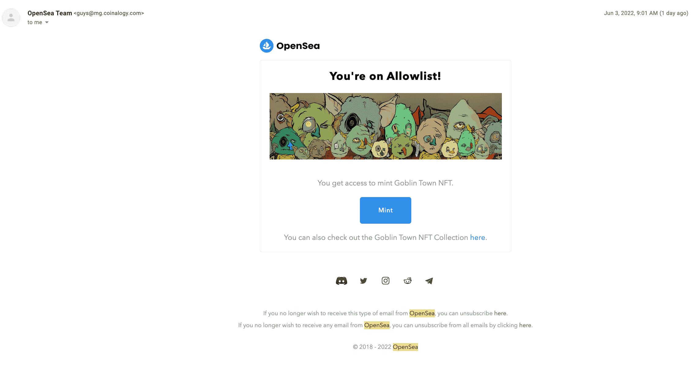 Spam email sent with fake mint website