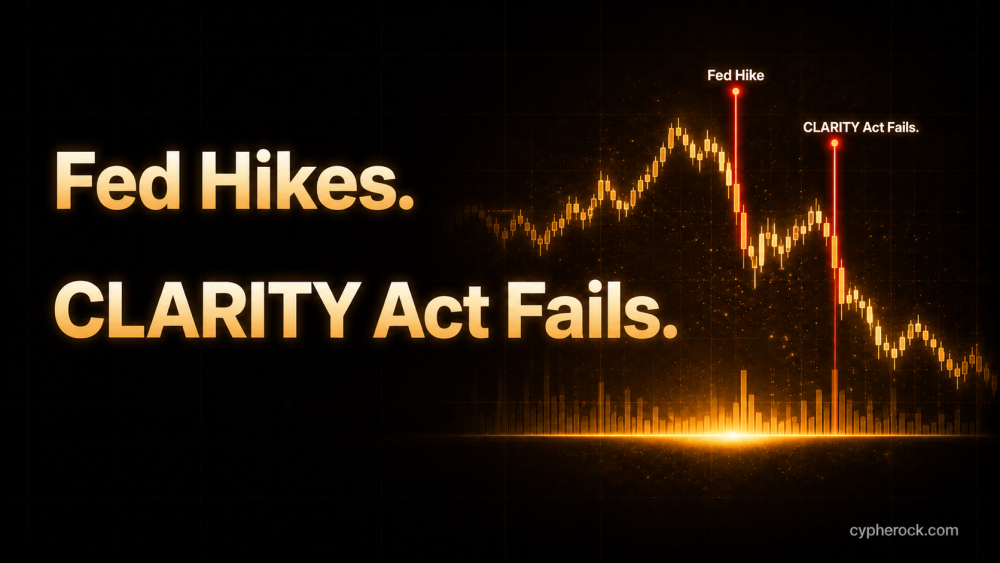 Bitcoin price chart showing sharp drop at Fed rate hike and CLARITY Act failure on September 17 2026