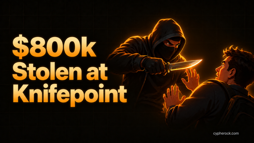 $800k Stolen at Knifepoint crypto physical attack illustration showing masked attacker threatening victim with knife
